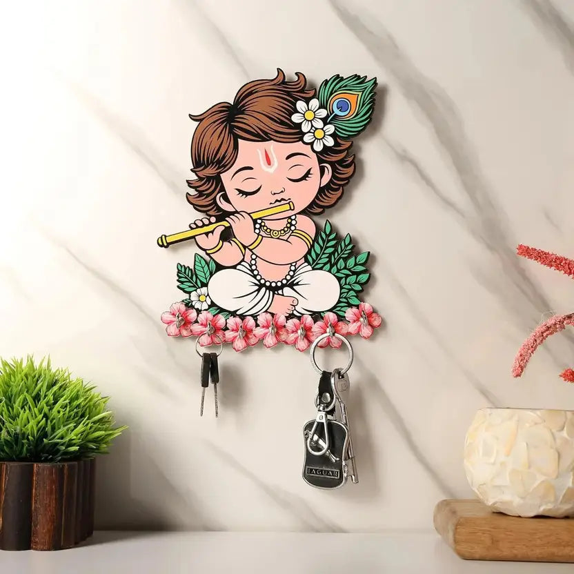 🛕 BuyShoppers™ Murli Manohar Wooden Key Holder – Janmashtami Edition | Divine Wall Organizer for Home & Pooja Room