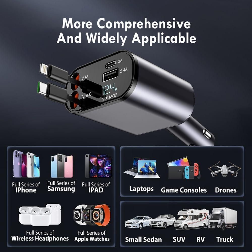 Retractable Fast Car Charger – Dual Port | 60W PD + QC 3.0 | Universal Compatibility