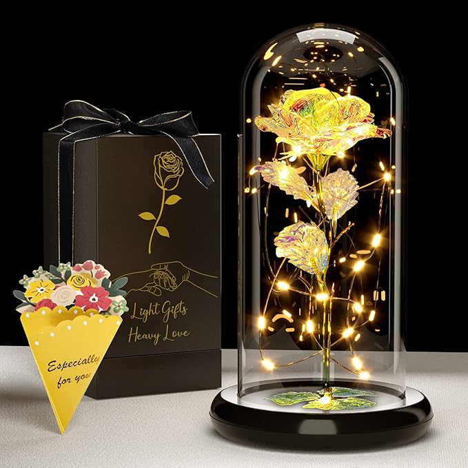 Forever Galaxy Rose in Glass Dome with LED Lights – The Ultimate Romantic Gift for Her | Birthday, Anniversary, Valentine’s Day, Mother’s Day