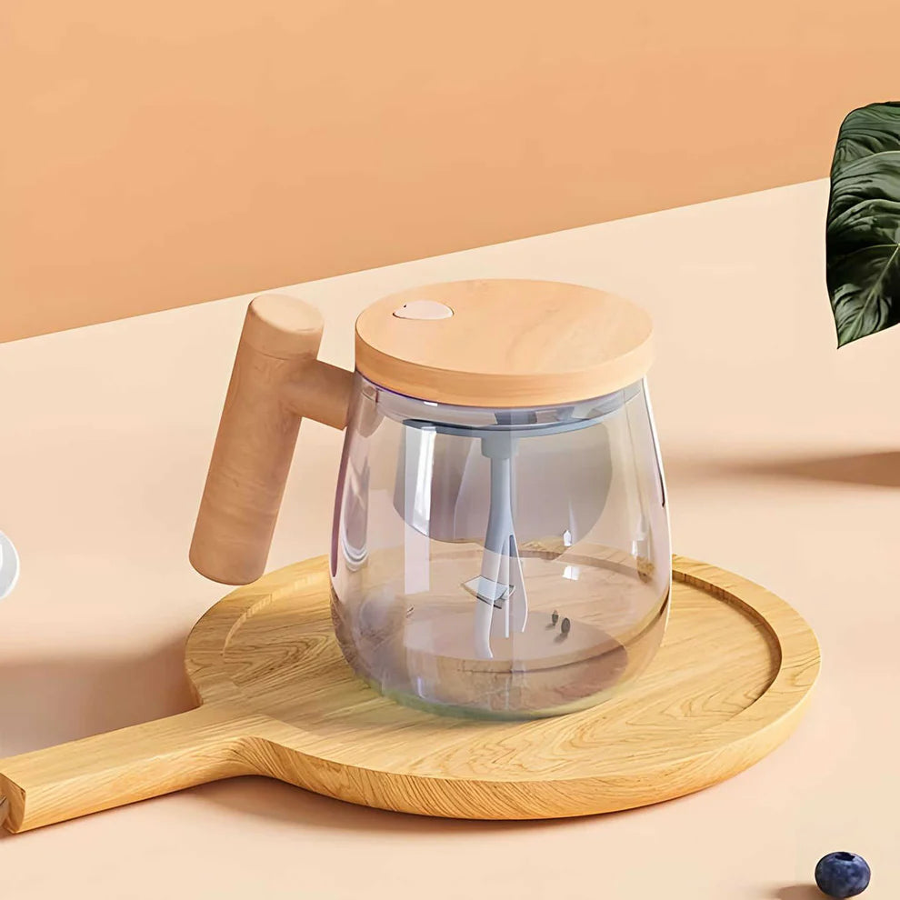 Electric Self-Stirring Wooden Mug – Premium Borosilicate Glass with Auto Mixing Function | Ideal for Coffee, Milk, Protein Shakes & More